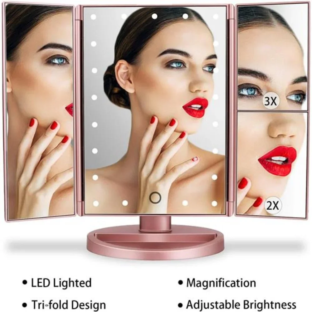 Dresser Mount Tri-Fold Lighted Vanity Mirror with 21 LED Lights, Touch Screen